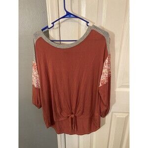 Tru Self Womens Pullover Coral Roll Tab Sleeves Size 1X Accent Prints